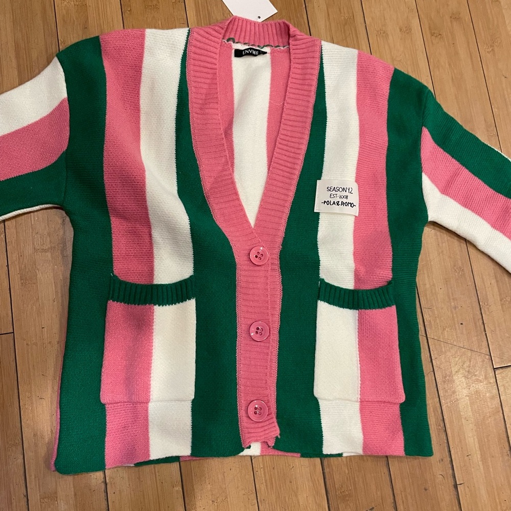 Bold Striped Pink, Green & Cream Cardigan Sweater - Picture 4 of 8